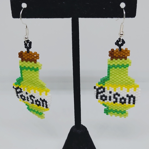 Handmade Beaded Poison Bottle Dangle Earrings - Picture 3 of 4